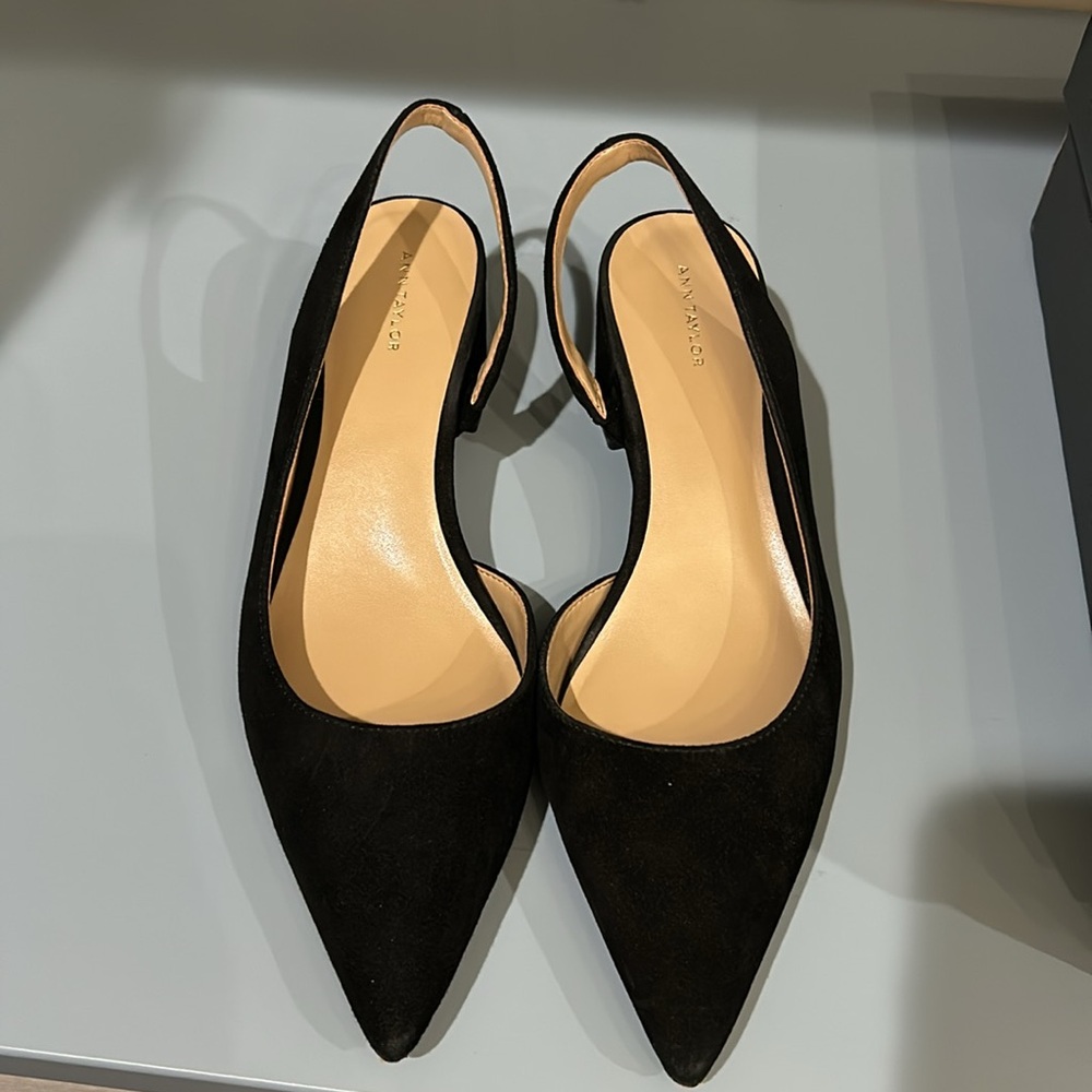 Black suede slingback block heel pumps